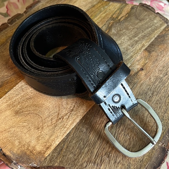 Vtg HARLEY DAVIDSON Size XL 42-44 Embossed Eagle Belt Black Thick Leather Silver - Picture 7 of 16